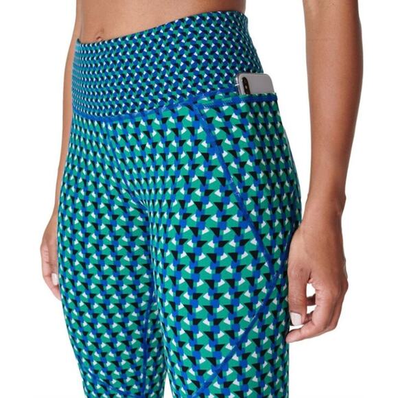 Sweaty Betty 7/8 Length Power Blue & Green Geometric Print Leggings Size 10 - Picture 11 of 11